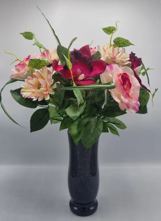 Bomm Boeket - U514-m1/2 - Roos - Gerbera - Orchidee - 45cm - Roze - 11 bloemen - Grafdecoratie - Zijdenbloemen - Kunstbloemen