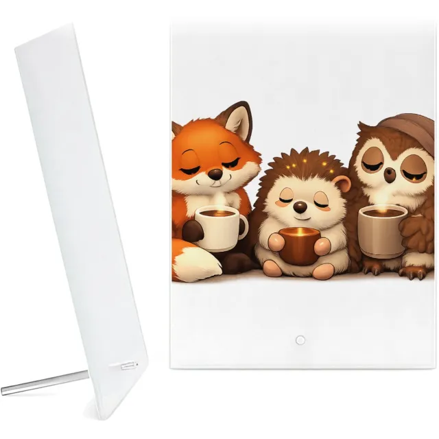 Mr Cadeautjes Glazen fotopaneel Een warme reeks van slaperige bosdieren met een ochtenddrank - 15 x 20 cm, staand - glas, decoratie, wanddecoratie | cadeau Wit