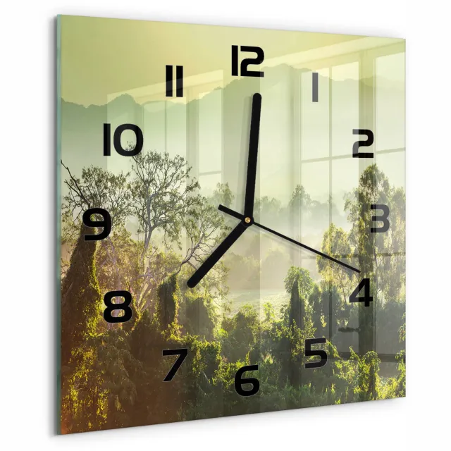 TULUP Wandklok - jungle Wandklok Glas Decoratie - 30x30 cm - Groente Gekleurde Glazen Klok - Zwarte handen - Vierkante Klok - Klok Glas Met Opdruk - Moderne Wandklok Glas