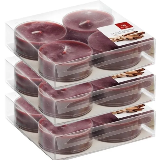 Trend Candles maxi geurtheelichtjes/waxinelichtjes - 12x - kaneel geur - 8 branduren - grote theelichtjes Bordeaux rood