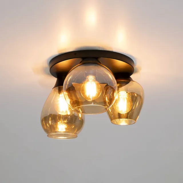 PS-Collection Plafondlamp 3-Lichts - Mix Amber Glas - Metaal Brons - plafonniere, plafond lamp, plafondlamp industrieel, plafondlampen Bruin
