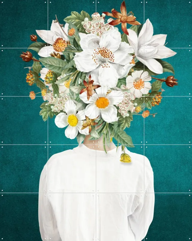 IXXI A New Hairdo, Marja van den Hurk - 80 x 100 cm - Grote wanddecoratie en posters - Modern, Digitale Kunst, Illustraties, Surrealisme, Collage Groen / Blauw / Wit
