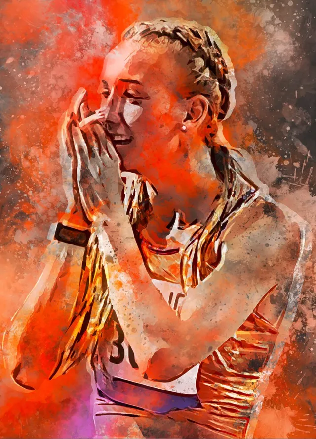 Femke Bol Wallofprints - Femke Bol poster in op A3 semi- glossy papier - 29.7x42 cm - Atletiek poster - Unieke poster van Femke Bol met donkergrijze achtergrondkleur