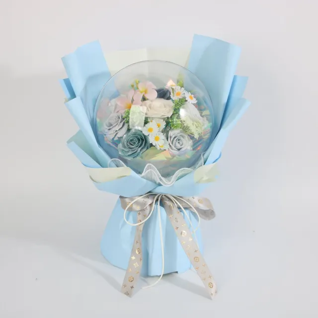 La Roselle Amsterdam Licht blauw Bubble Kunstbloemen Boeket – Geurende Rozen in Transparante Bubble Dome – IJsblauw, Wit & Pastel IJsblauw, wit, crème en zacht pastelroze