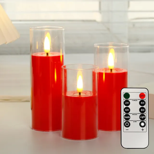 Haishen LED-kaarsset van 3 stuks - met afstandsbediening - woondecoratie - rood - realistische vlam - sfeerkaars - 5,5 * 10 / 12,5 / 15 cm