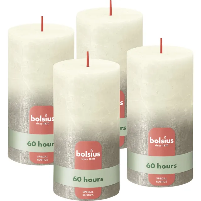 Bolsius Rustieke kaars Shimmer - 4 stuks - Fading Metallic Ivoor & Champagne Zilver - 13cm - 60 branduren Metallic Ivoor & Zilver