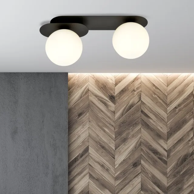 Emibig Randers dubbele ovalen plafondlamp zwart met 2 witte glazen bollen E14 - Perfecte verlichting voor elke ruimte Zwartachtig