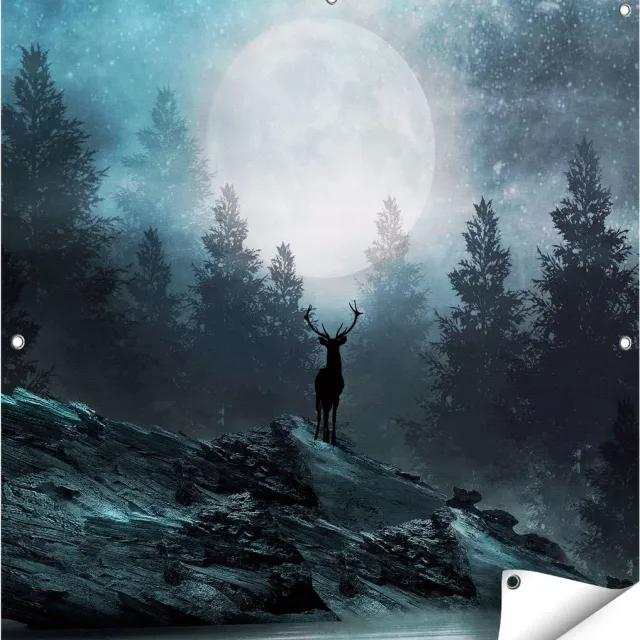 Gards Tuinposter Hert op een Rots tijdens Volle Maan - 90x90 cm - Tuindoek - Tuindecoratie - Wanddecoratie buiten - Tuinschilderij Multikleur