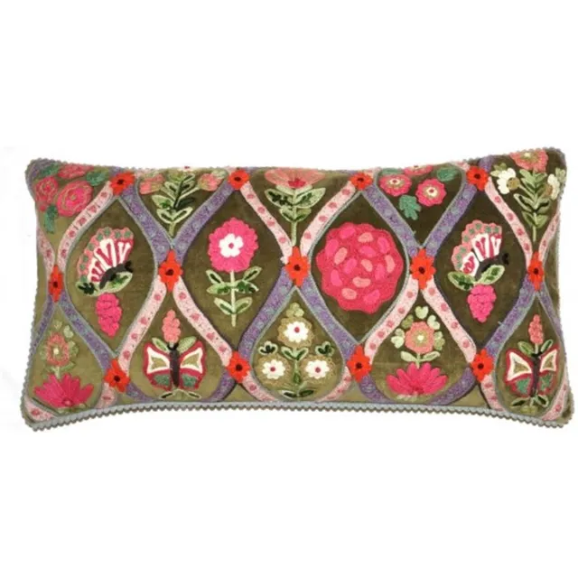 Only natural sierkussen kussen velvet fluweel groen met bloemen 30 x 60 cm Groen met geborduurde bloemen
