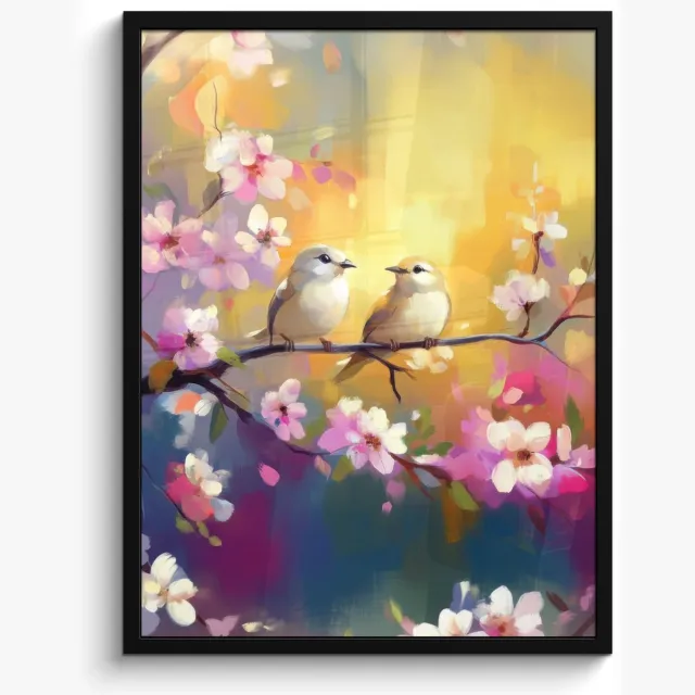 FrameYourWall Poster in lijst - Fotolijst 50x70 cm - Posters - Vogels - Bloemen - Roze - Posterlijst zwart - Decoratie - Wanddecoratie woonkamer - Muurdecoratie slaapkamer