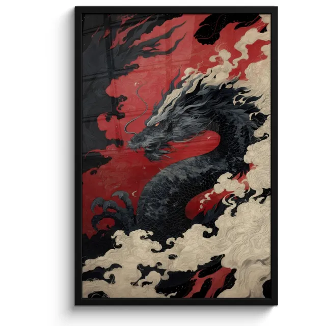 FrameYourWall Poster in lijst - Fotolijst 60x90 cm - Posters - Zwarte draak - Rookwolken - Rood - Posterlijst zwart - Decoratie - Wanddecoratie woonkamer - Muurdecoratie slaapkamer