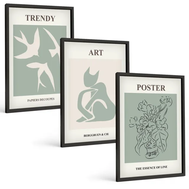 Coloray 3-Delige Schilderij Set - Stijlvolle Illustraties Van Henri Matisse - 40 x 60 cm - Wanddecoratie - Schilderijen Set - Kantoor - Muurdecoratie Zwarte lijst