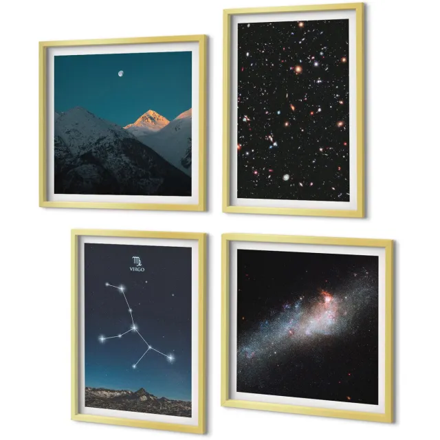 Coloray 4-Delige Schilderij Set - Sterrenbeeld Maagd, Melkweg, Uitzicht op het Universum - 40 x 40 cm en 40 x 60 cm - Schilderijen Set - Wanddecoratie - Woonkamer - Moderne Wanddecoratie Gouden lijst
