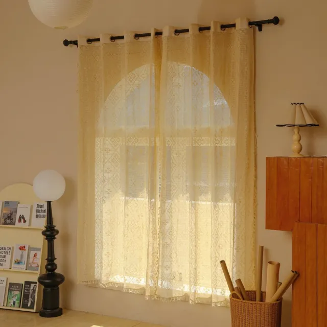 Unyqoos ® Vintage Bohemian Gordijnenset met Geborduurde Kwastjes voor Woonkamer en Slaapkamer, Set van 2, Beige wit