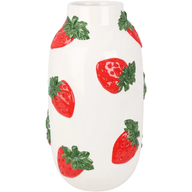 Home & Styling Collection Vaas Wit met Aardbeien – Decoratievaas – 10x29 cm – Zomerse Woondecoratie