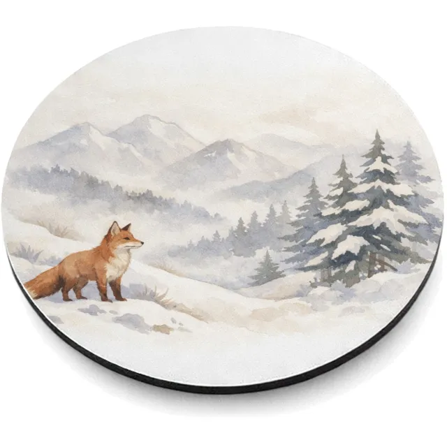 Mr Cadeautjes MDF magnetische fotolijst rond Ø 9,5 - design Een bergwinter-scène met een vos die op een besneeuwde helli | cadeau Wit