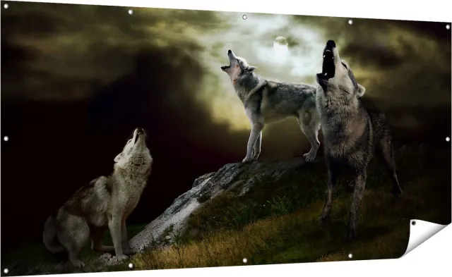 Gards Tuinposter Drie Huilende Wolven tijdens Volle Maan - 200x100 cm - Tuindoek - Tuindecoratie - Wanddecoratie buiten - Tuinschilderij Multikleur