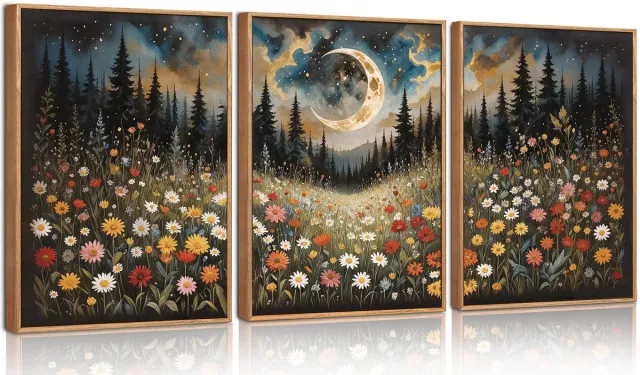 Unyqoos Ingelijste canvas set met avondbloemen en bergen voor sfeervol interieur kleurrijk