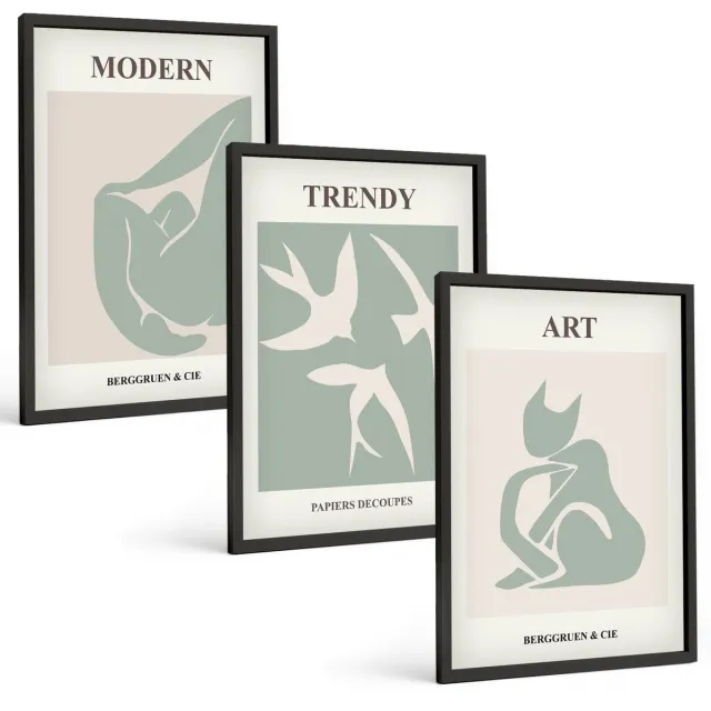 TULUP 4-Delige Schilderij Set - Abstracte figuren van Henri Matisse in ingetogen kleuren. - 40 x 60 cm - Wanddecoratie - Moderne Interieurdecoratie - Moderne Wanddecoratie Zwarte lijst
