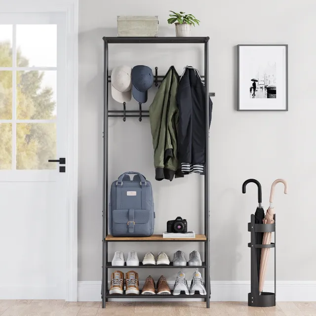 HOERFURIY Staande Kapstok Garderoberek - Multifunctioneel Halmeubel met Schoenenrek - 10 Dubbele Ronde Haken - Bovenste metalen opbergrooster - Industrieel Vintage Design - Stabiel Metalen Frame met Houtlook - voor Gang en Woonkamer - Zwart