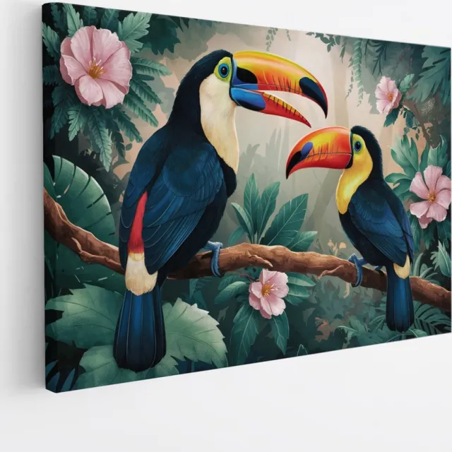Saammp Canvas Schilderij - 2 toekans tussen de roze bloemen - Dieren - Bloemen - 120x80 - Foto op canvas - Wanddecoratie - muurdecoratie Woonkamer - Slaapkamer decoratie - Canvas Print Multicolor