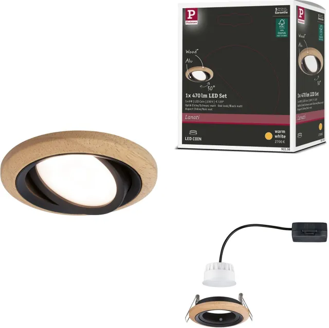 Paulmann LED-inbouwlamp Lanati Losse spot rond 84 mm 30° Coin 6W 470lm 230V 2700K Geoliede eikenkleur, Zwart mat