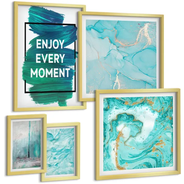 Coloray 5-Delige Schilderij Set - Abstracte Composities Met Inspirerende Letters En Patronen - 50 x 50 cm, 20 x 30 cm En 40 x 60 cm - Stijlvolle Muurdecoratie - Kantoor - Wanddecoratie Gouden lijst