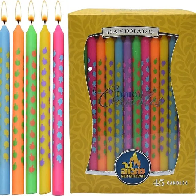 Ner Mitzveh Dreidel Art Chanukah Candles 45pk. Multi Colour