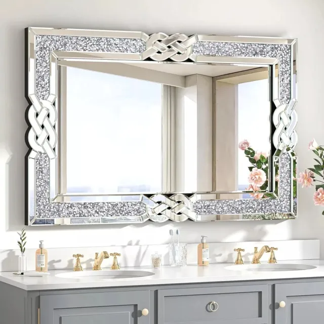 MyGroot Diamant - Wandspiegel Rechthoekig - Glas Zilveren - IJdelheid Met Decoratieve Glamour Bling - Kristallen Frame Rand - 120x60. Zilver groot