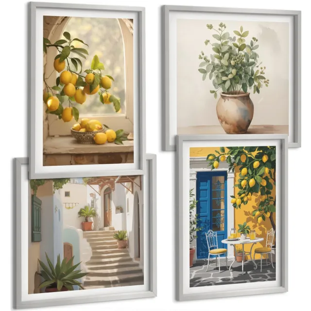 TULUP 4-Delige Schilderij Set - Citroenen in de stad van de Italiaanse architectuur - 40 x 40 cm en 40 x 60 cm - Moderne Wanddecoratie - Slaapkamer - Muurdecoratie Zilveren lijst