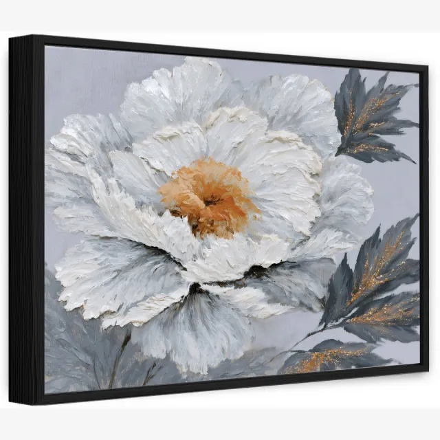 WALLARENA Canvas schilderij met zwarte lijst 60x40 cm - witte pioenroos Grijs