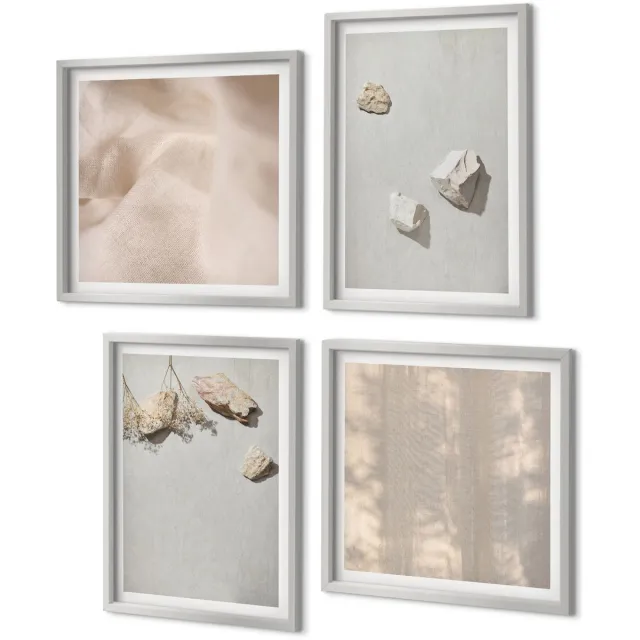 Coloray 4-Delige Schilderij Set - Boho strandstenen minimalistische decoraties - 40 x 40 cm en 40 x 60 cm - Muurdecoratie - Interieur Decoratie - Wanddecoratie Zilveren lijst