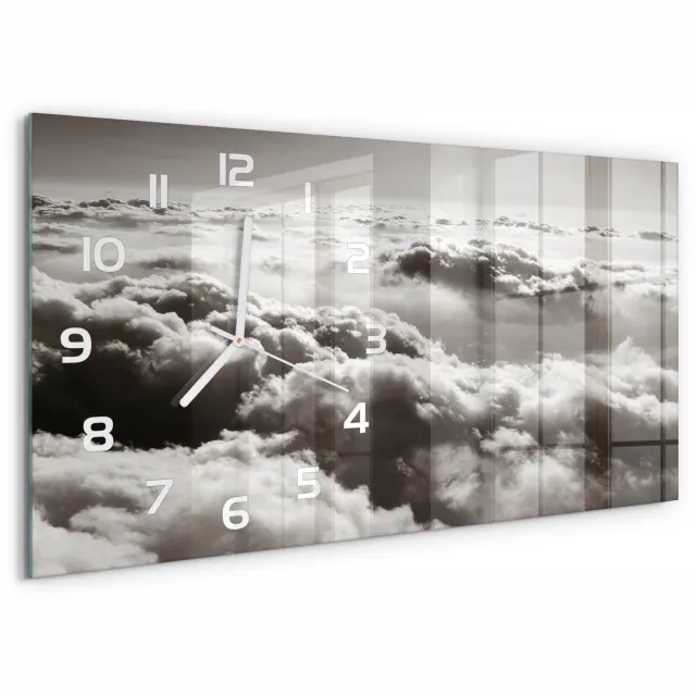 TULUP Wandklok - Wolken gezien vanuit vogelperspectief Decoratieve Glazen Klok - 60x30 cm - Zwart-wit Glazen Wandklok Design - Witte handen - Rechthoekige Klok - Glazen Klok Met Print - Wandklok Glas Met Motief