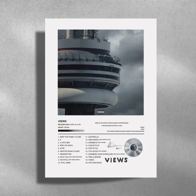 Luxe poster Drake - Views - Metalen poster 30x40cm - album cover zwart