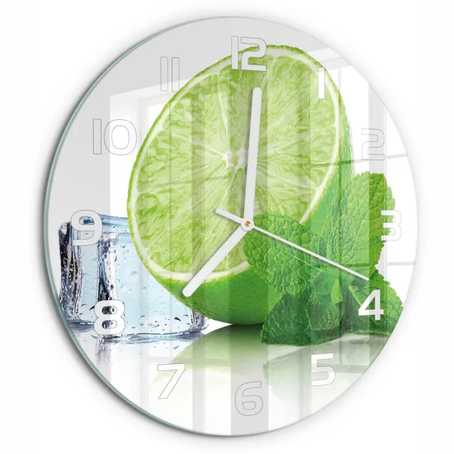 TULUP Wandklok - Limoen met ijs Moderne Wandklok Glas - fi30 cm - Groente Wandklok Glas Decoratie - Witte handen - Ronde Klok - Glazen Wandklok Design - Klok Glas Met Opdruk