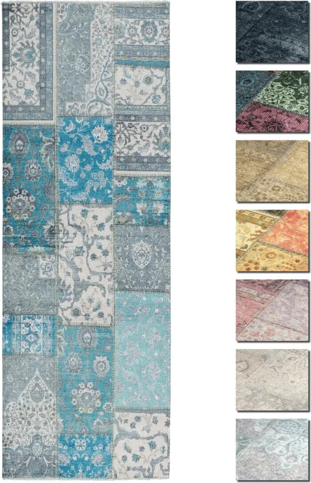 TESSO LIVING Kelim Patchwork Tapijt Woonkamer Blauw 80 X 290 cm, Modern Laagpolig3 Vloerkleed, Superzacht, Machinewasbaar