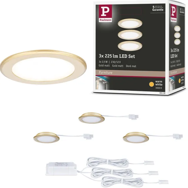 Paulmann LED-meubelinbouwlampen Set van 3 rond 65 mm 3x2,5W 3x180lm 230/12V 3000K Goud mat