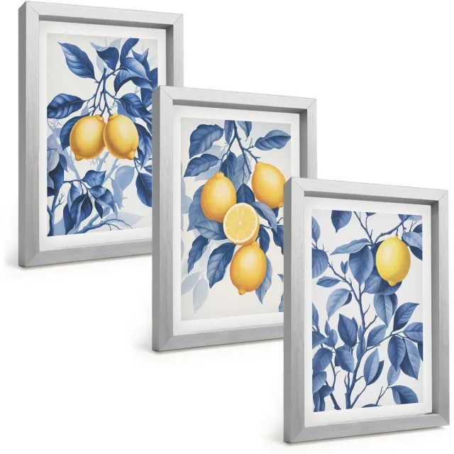 TULUP 4-Delige Schilderij Set - Citroenen aan takken met blauwe bladeren - 20 x 30 cm - Wanddecoratie - Moderne Interieurdecoratie - Woonkamer Decoratie Zilveren lijst
