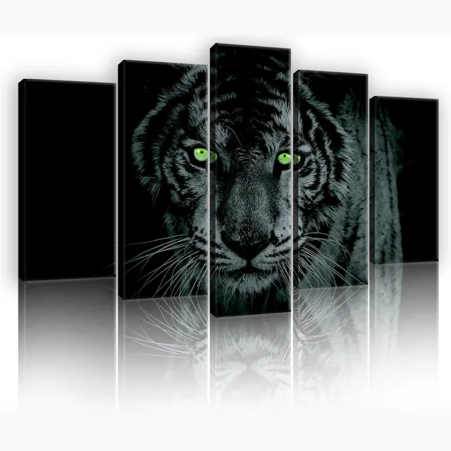 Canvas Schilderij - Tijger - Leeuw - Dieren - Kat - Wild - Roofdier - Donker - 100x60cm LxB - 5 Luiks - 5 Delen Tijger - Donker
