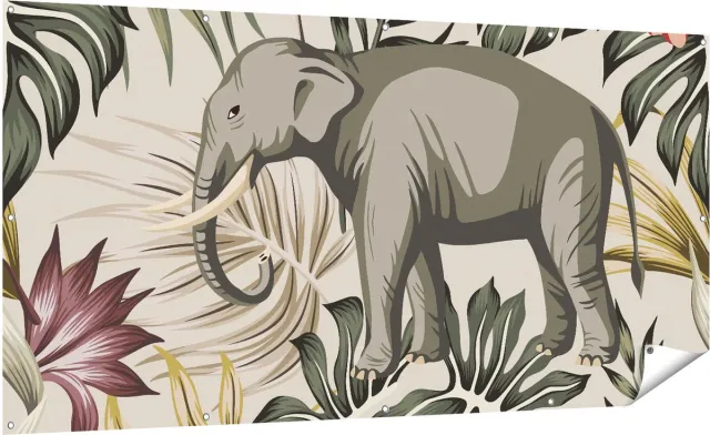Gards Tuinposter Tropisch Getekende Olifant - Abstract - 200x100 cm - Tuindoek - Tuindecoratie - Wanddecoratie buiten - Tuinschilderij Multikleur