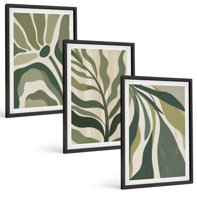 TULUP 4-Delige Schilderij Set - Geschilderde illustraties van bladeren in verschillende tinten groen. - 40 x 60 cm - Wanddecoratie - Schilderijen Set - Interieur - Moderne Wanddecoratie Zwarte lijst