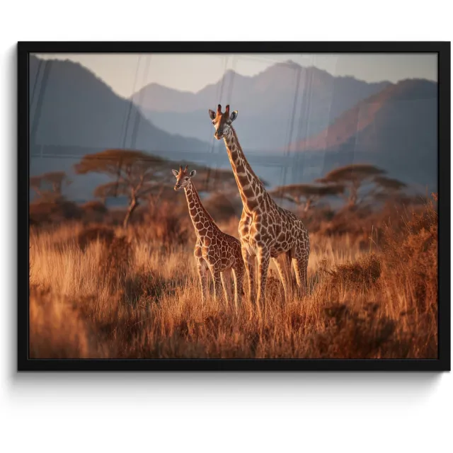 FrameYourWall Poster in lijst - Fotolijst 80x60 cm - Posters - Giraffen - Hoog gras - Acaciabomen - Posterlijst zwart - Decoratie - Wanddecoratie woonkamer - Muurdecoratie slaapkamer