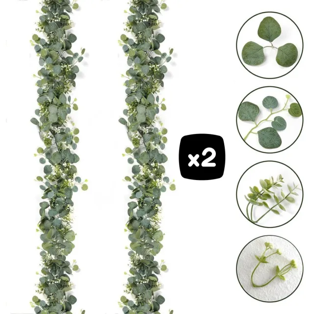 Goodli Kunstplant Eucalyptus Slinger met Witte Bloemen - 2x 180 cm Kunstbloemen en Hangplant voor Binnen & Buiten - Perfecte kamer Decoratie voor Bruiloft, Feest, Tafel of Muren - Realistische Groene Bladeren - Bladeren Hangplant Slinger