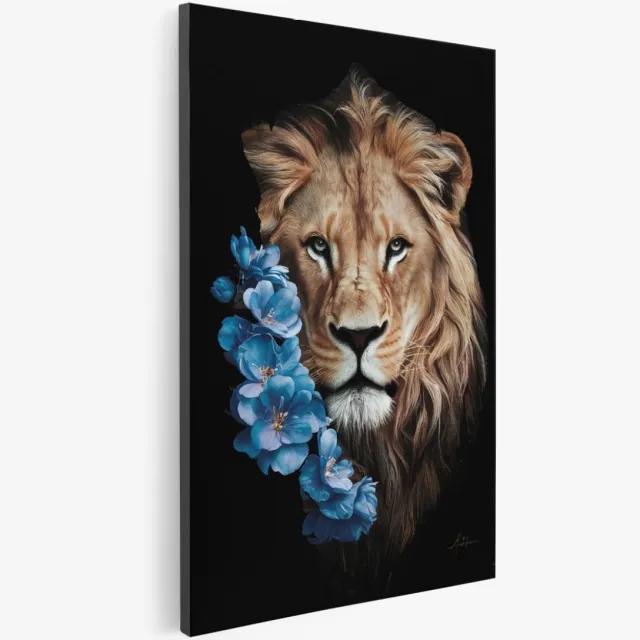 Saammp Canvas Schilderij - Abstracte Leeuw met blauwe bloemen - Natuur - Dieren - 30x45 - Foto op canvas - Wanddecoratie - Muurdecoratie Woonkamer - Slaapkamer decoratie - Canvas Print Multicolor