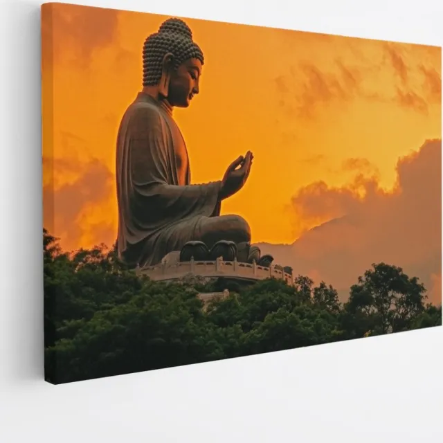 Saammp Canvas Schilderij - Boeddha op een berg met zonsondergang - 40x30 - Foto op canvas - Wanddecoratie - Muurdecoratie Woonkamer - Canvas schilderijen Multicolor