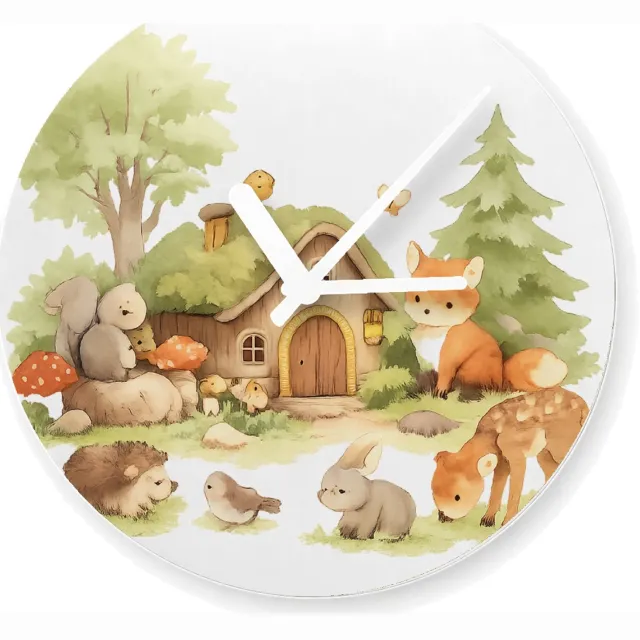Mr Cadeautjes Glazen klok Ø 20 - design Een bosrijk ochtendtafereel met schattige dieren rond een ho | cadeau Wit