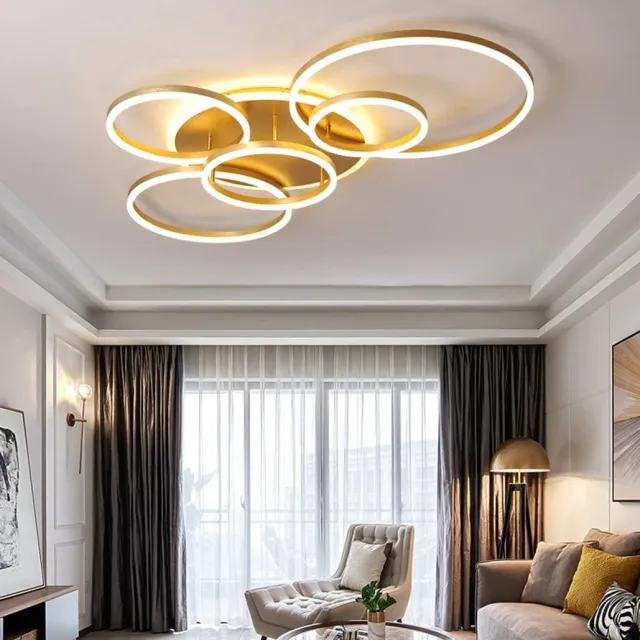 softlite ® Led Plafondlamp Dimbaar met Afstandsbediening - 6 Ringen - 115cm- 108 Watt - 3300 lumen - Energieklasse A ++ - Goud - Wit - Plafonniere - Modern - led lamp - Woonkamer - Kamer - Eetkamer - Eettafel - Keuken - Slaapkamer - Cafe - Restaurant -Horeca