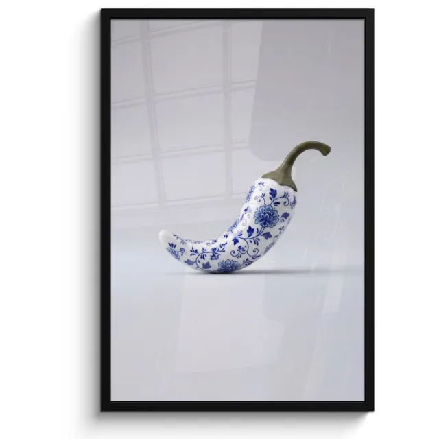 FrameYourWall Poster in lijst - Fotolijst 60x90 cm - Posters - Chilipeper - Keramiek - Blauw - Posterlijst zwart - Decoratie - Wanddecoratie woonkamer - Muurdecoratie slaapkamer