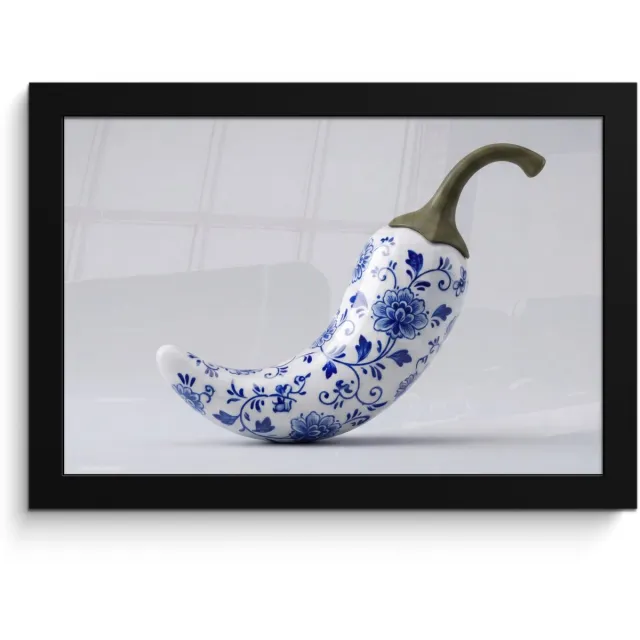 FrameYourWall Poster in lijst - Fotolijst 30x20 cm - Posters - Chilipeper - Keramiek - Blauw - Posterlijst zwart - Decoratie - Wanddecoratie woonkamer - Muurdecoratie slaapkamer