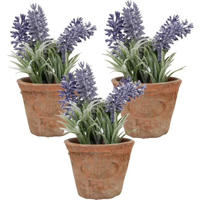 True to Nature 3x stuks kunstplanten lavendel in terracotta pot 15 cm - Kunstplanten/nepplanten Multi